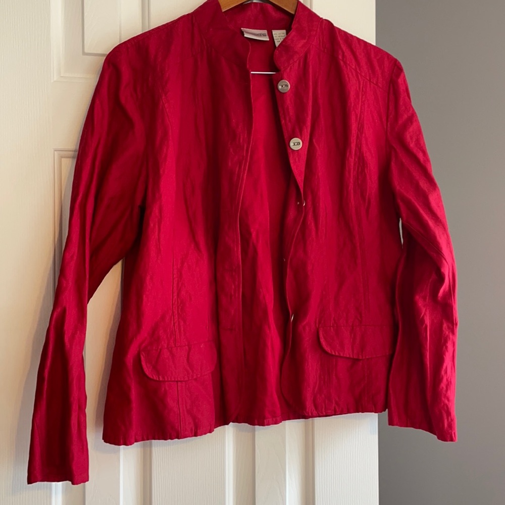 Chico’s Red/Metallic Shacket with Band Collar |L